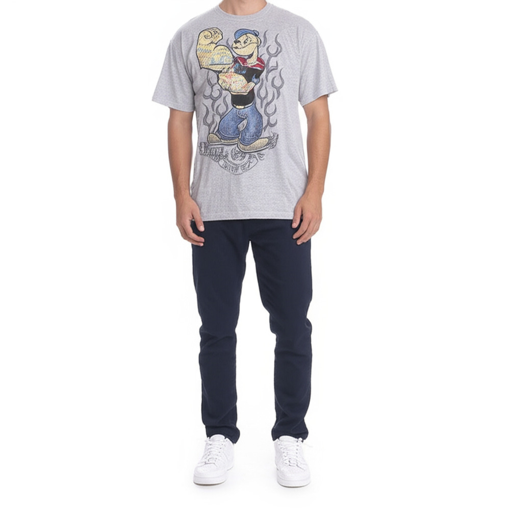 Popeye Mens XL T-Shirt‎ Grey Heather Graphic Never Give Up Pop Culture Vintage